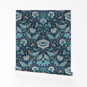 Blaue botanische entfernbare Tapete - Vögel Blumen Damast Natur Teal Tapete - Vogelparadies by geetanjali