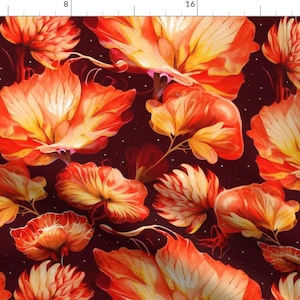 May include: A seamless pattern featuring a repeating design of orange, yellow, and white flowers on a dark red background.