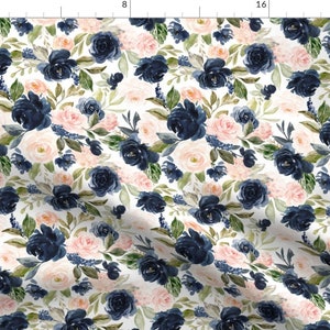 Beach Blossoms Fabric - Beach Blossoms By Hipkiddesigns - Navy White Floral Jumbo Delicate Garden Cotton Fabric By The Yard With Spoonflower