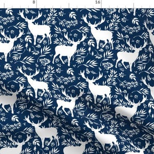 Navy Woodland Deer Fabric - Deer Silhouette In Dark Blue By Shopcabin - Woodland Bohemian Deer Cotton Fabric By The Yard With Spoonflower