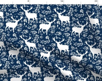 Navy Woodland Deer Fabric - Deer Silhouette In Dark Blue By Shopcabin - Woodland Bohemian Deer Cotton Fabric By The Yard With Spoonflower