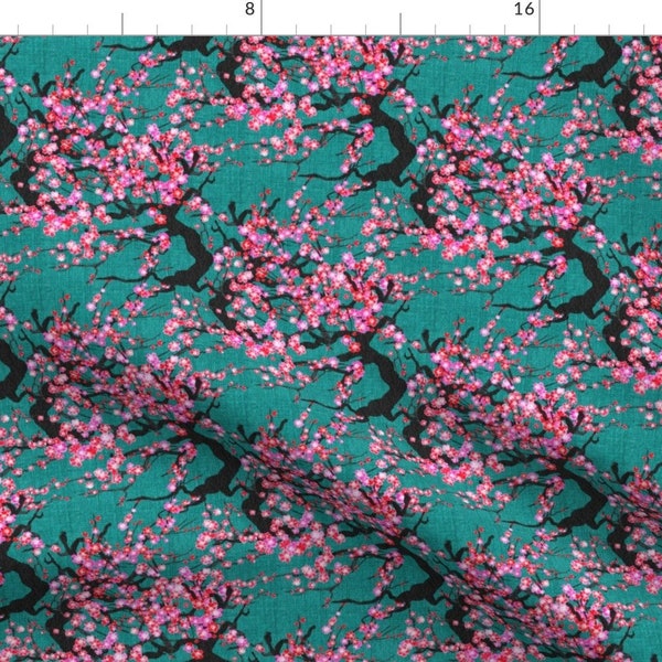Cherry Blossom Fabric - Cherry Blossom Orcha By Abbieuproot - Cherry Blossom Teal Pink Botanical Cotton Fabric By The Yard With Spoonflower
