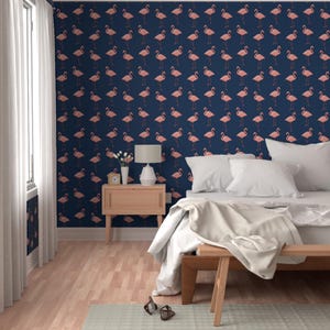 Flamingo Wallpaper - Flamingos On Navy By Willowlanetextiles - Flamingo Custom Printed Removable Self Adhesive Wallpaper Roll by Spoonflower image 5