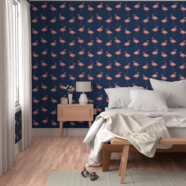 Flamingo Wallpaper - Flamingos On Navy By Willowlanetextiles - Flamingo Custom Printed Removable Self Adhesive Wallpaper Roll by Spoonflower image 5