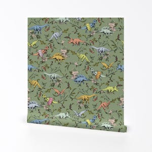 Carta da parati con dinosauri - Dino Dancer Dusk di Pattern State - Rotolo di carta da parati autoadesiva rimovibile con stampa personalizzata di dinosauri verdi di Spoonflower