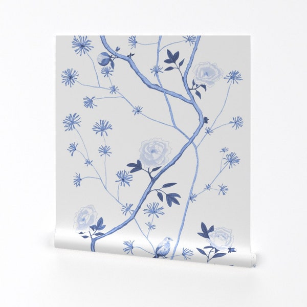 Chinoiserie Wallpaper - Jenny Peony In Delft Blue By Domesticate - Blue Custom Printed Removable Self Adhesive Wallpaper Roll by Spoonflower