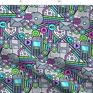 May include: A seamless pattern featuring a retro 90s aesthetic with colorful geometric shapes, circles, and icons. The design includes a cell phone, floppy disk, and a CD. The background is white with black outlines.