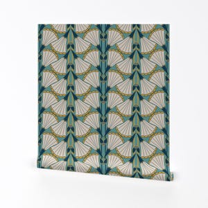 Art Deco Wallpaper - Trumpet Flower Fans In Teal And Gold By Amborela - Custom Printed Removable Self Adhesive Wallpaper Roll by Spoonflower