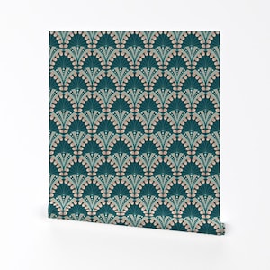 Art Decor Scallop Pattern Wallpaper - Art Deco Peacock Feathers By Lilalunis - Removable Self Adhesive Wallpaper Roll by Spoonflower
