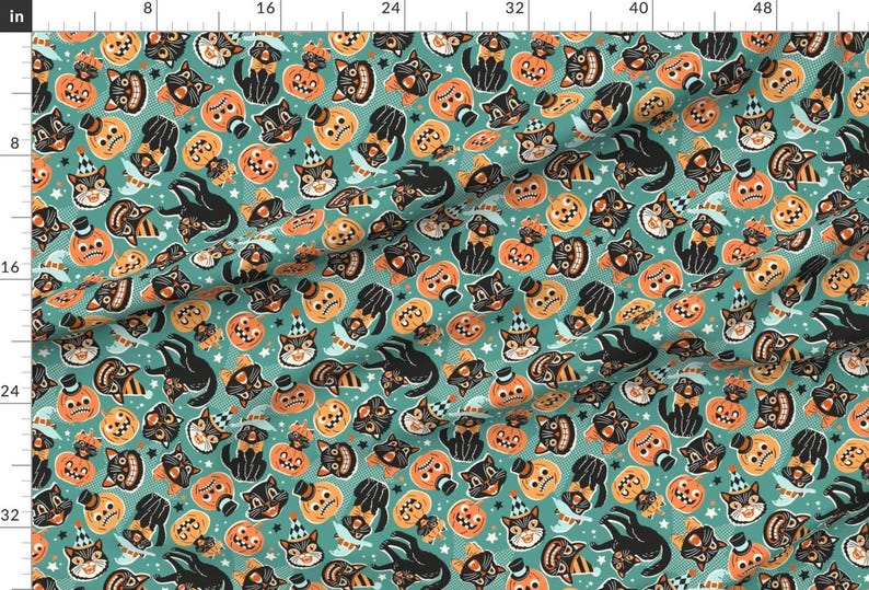 Spooky Cats Fabric - Retro Halloween by mirabelle_print - Black Teal Orange Pumpkins Whimsical Hand Drawn Fabric by the Yard by Spoonflower immagine 2