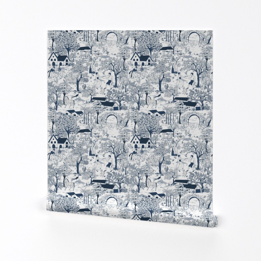 Blue Farm Toile Wallpaper Country Farmscape by Pallavi_chaudhary
