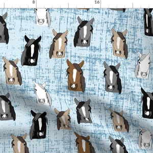 Horse Heads On Blue Fabric - Horses By Owlandchickadee - Horse Equestrian Equine Animal Farm Blue Cotton Fabric By The Yard With Spoonflower