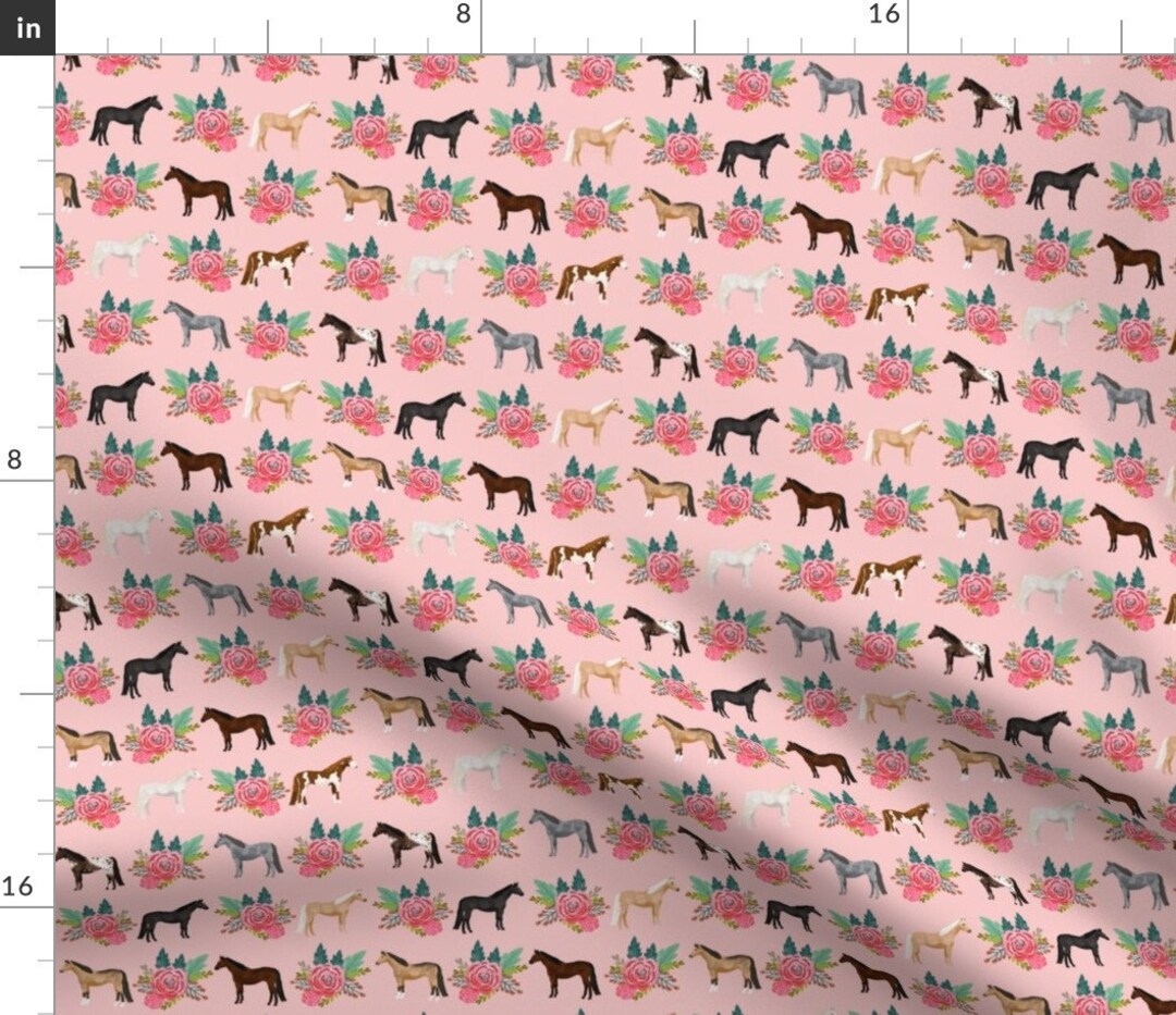 Floral Horses Fabric Horse Flowers Horses Riding Lovers Mixed Pink by