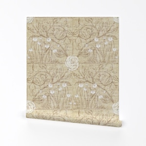 May include: A beige wallpaper with a repeating pattern of white roses and leaves. The pattern is drawn in a brown ink.