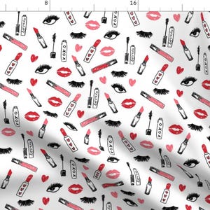 Makeup Fabric - Makeup Lipstick Eyelashes Beauty White Pink By Charlottewinter - Makeup Girly Cotton Fabric by the Yard with Spoonflower