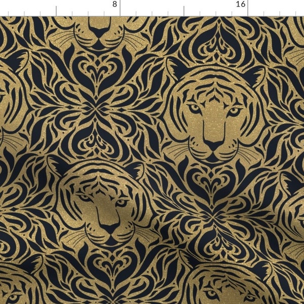 Tiger Fabric - Year Of The Tiger By Michelle Kirsch Creative - Tiger Face Damask Black Mustard Cotton Fabric By The Yard With Spoonflower