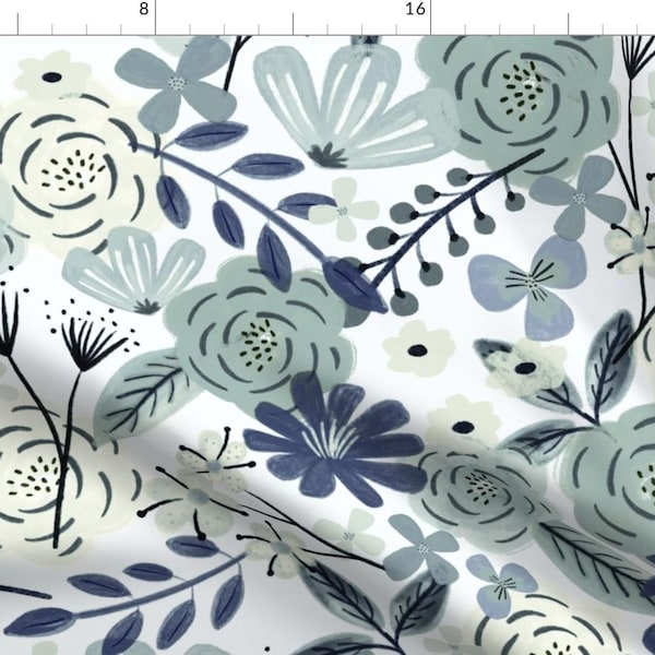 Blue Boho Floral Apparel Fabric - Flower Child Boho by roochita - Sage Green Floral Wilderness Large Scale Clothing Fabric by Spoonflower