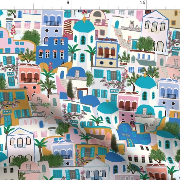 Blue Fabric - Santorini by jofryerdesigns -  Houses Santorini Cityscape Coastal Chic Summer Beach Greece Fabric by the Yard by Spoonflower