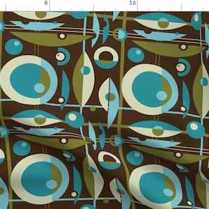 May include: A seamless pattern featuring abstract shapes in shades of brown, teal, and green. The design includes circles, ovals, and leaves, creating a retro mid-century modern aesthetic.