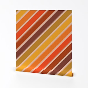 1970s Wallpaper - Retro Diagonal Stripes By Yesterdaycollection - Orange Red Brown Removable Self Adhesive Wallpaper Roll by Spoonflower
