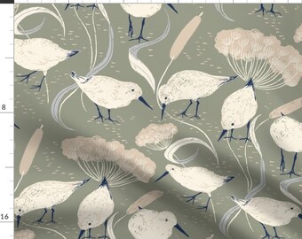 Sandpiper Fabric - Coastal Green by hupu - Lakeside Coastal Birds Cow Parsley Neutral Beige Cattail Ocean Fabric by the Yard by Spoonflower