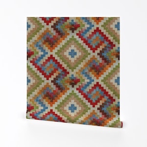 Kilim Wallpaper - Kilim Rug Design By Amy G - Colorful Southwest Desert Geometric Ikat Removable Self Adhesive Wallpaper Roll by Spoonflower