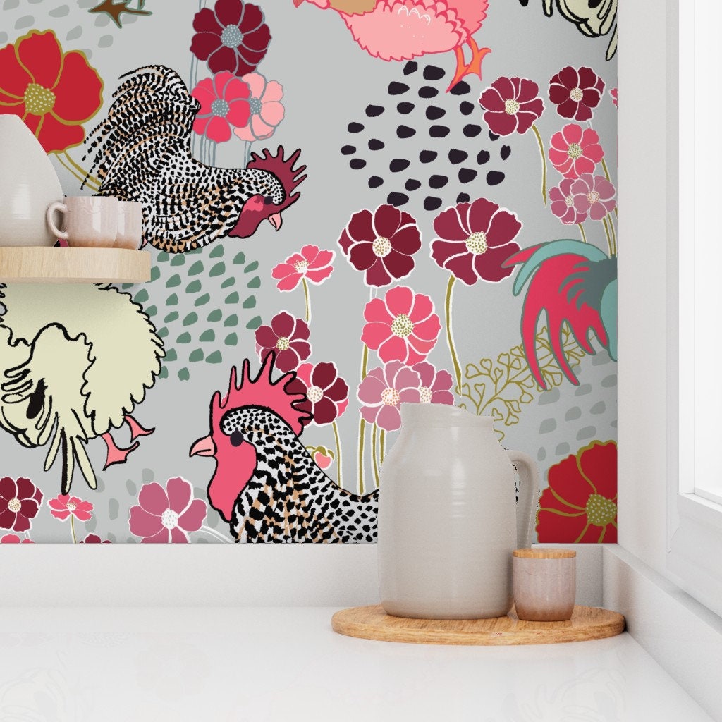 Barnyard Wallpaper Rooster Parade by Limezinniasdesign - Etsy