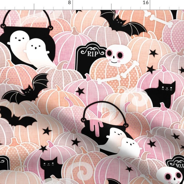 Pastel Halloween Fabric - Pink Pumpkin Patch By Patricia Lima - Pink Bats Pumpkins Spiders Spooky Cotton Fabric By The Yard With Spoonflower