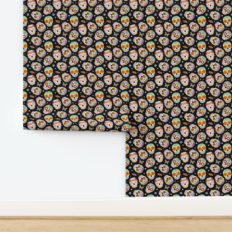Halloween Wallpaper - Sugar Skulls Black By Mirabelleprint - Day of the Dead Custom Removable Self Adhesive Wallpaper Roll by Spoonflower image 4