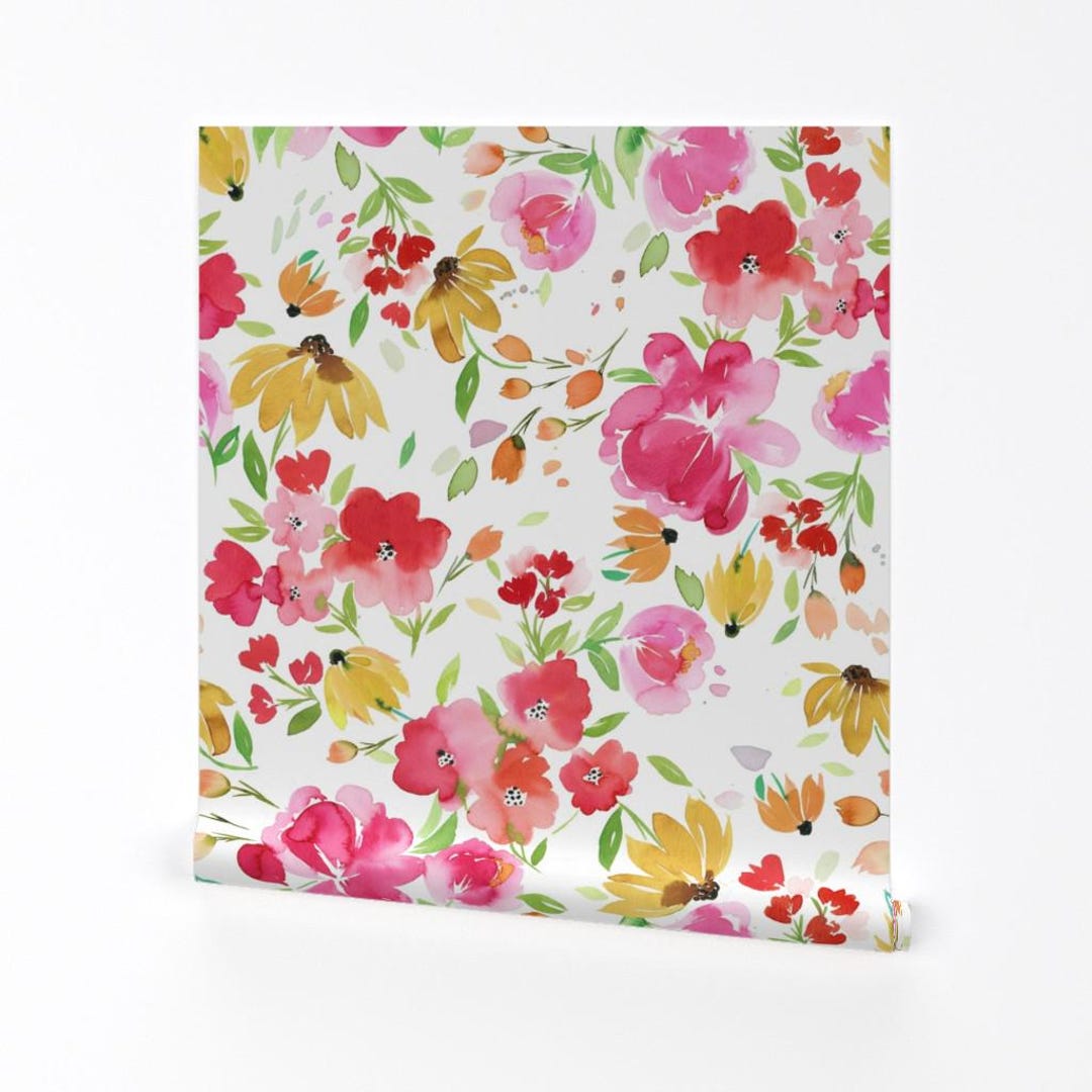 Watercolor Floral Removable Peel and Stick Wallpaper - Red Green Pink ...