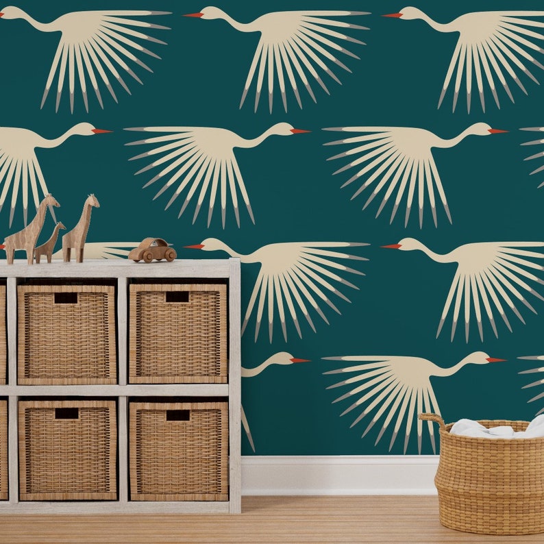 Art Deco Wallpaper Art Deco Cranes by Katerhees 1920s Teal - Etsy
