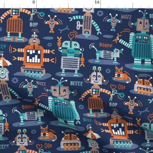 May include: A navy blue fabric with a repeating pattern of robots, animals, and text. The robots are in various colors, including orange, blue, and green. The animals include cats and dogs. The text includes the words "BEEP", "BOOP", "BUZZ", and "BEEFE".