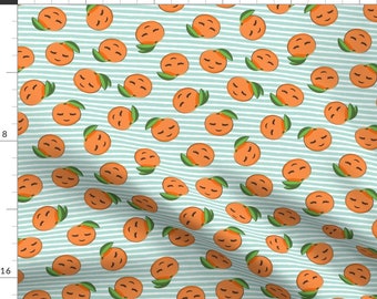 Clementines Fabric - Happy Clementines On Stripes Aqua By Littlearrowdesign - Kawaii Fruit Summer Cotton Fabric By The Yard With Spoonflower
