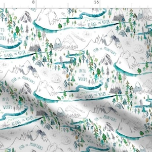 Map Fabric - Let'S Go Adventuring (White) By Nouveau Bohemian - Map Woodland Mountain Stars Green Cotton Fabric by the Yard with Spoonflower