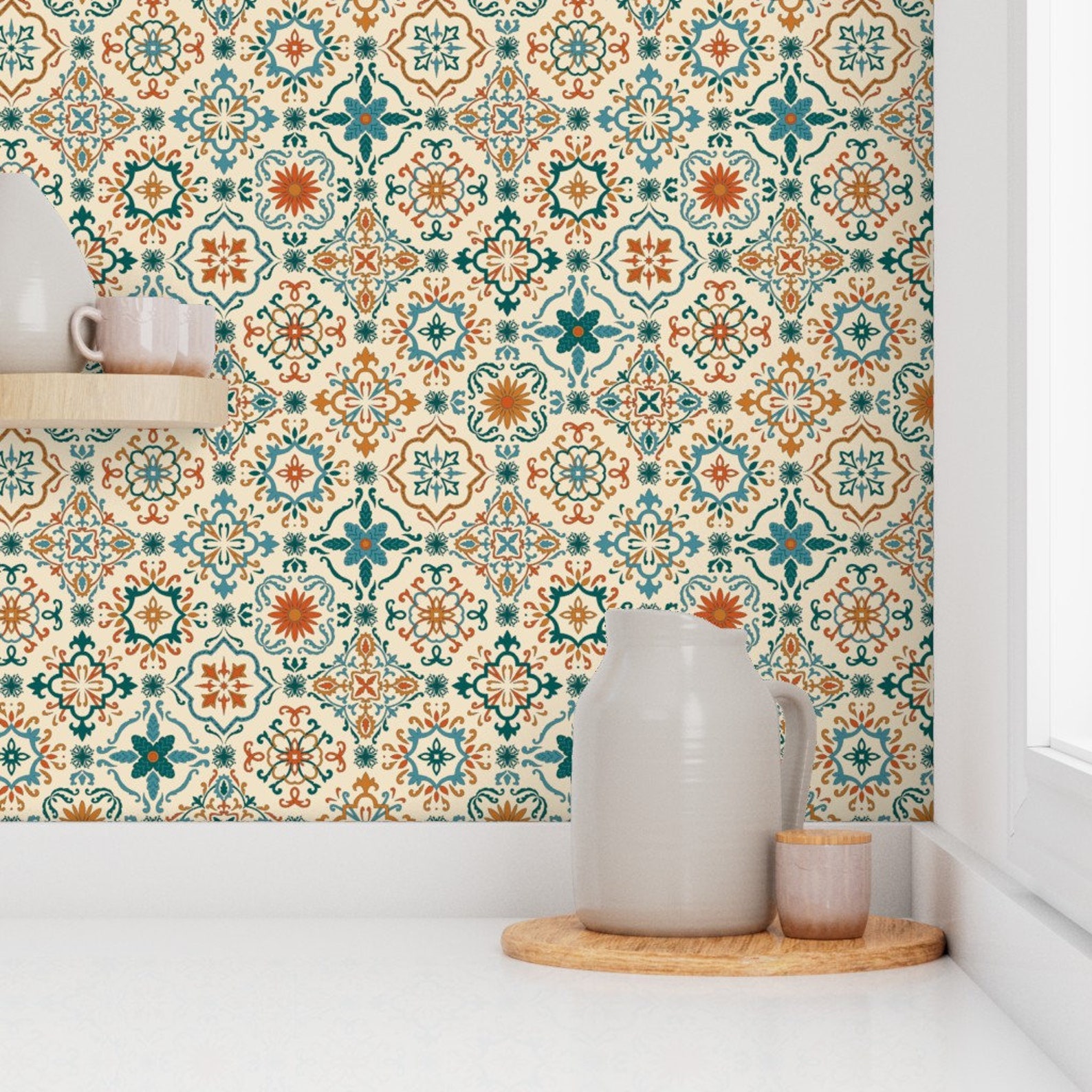 Spanish Wallpaper Spanish Tiles by Maritcooper Blue Orange - Etsy