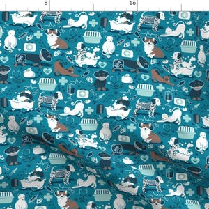 Vet Medicine Fabric - Happy And Healthy Turquoise Navy Blue Cats Dogs By Selmacardo - Vets Cotton Fabric By The Yard With Spoonflower