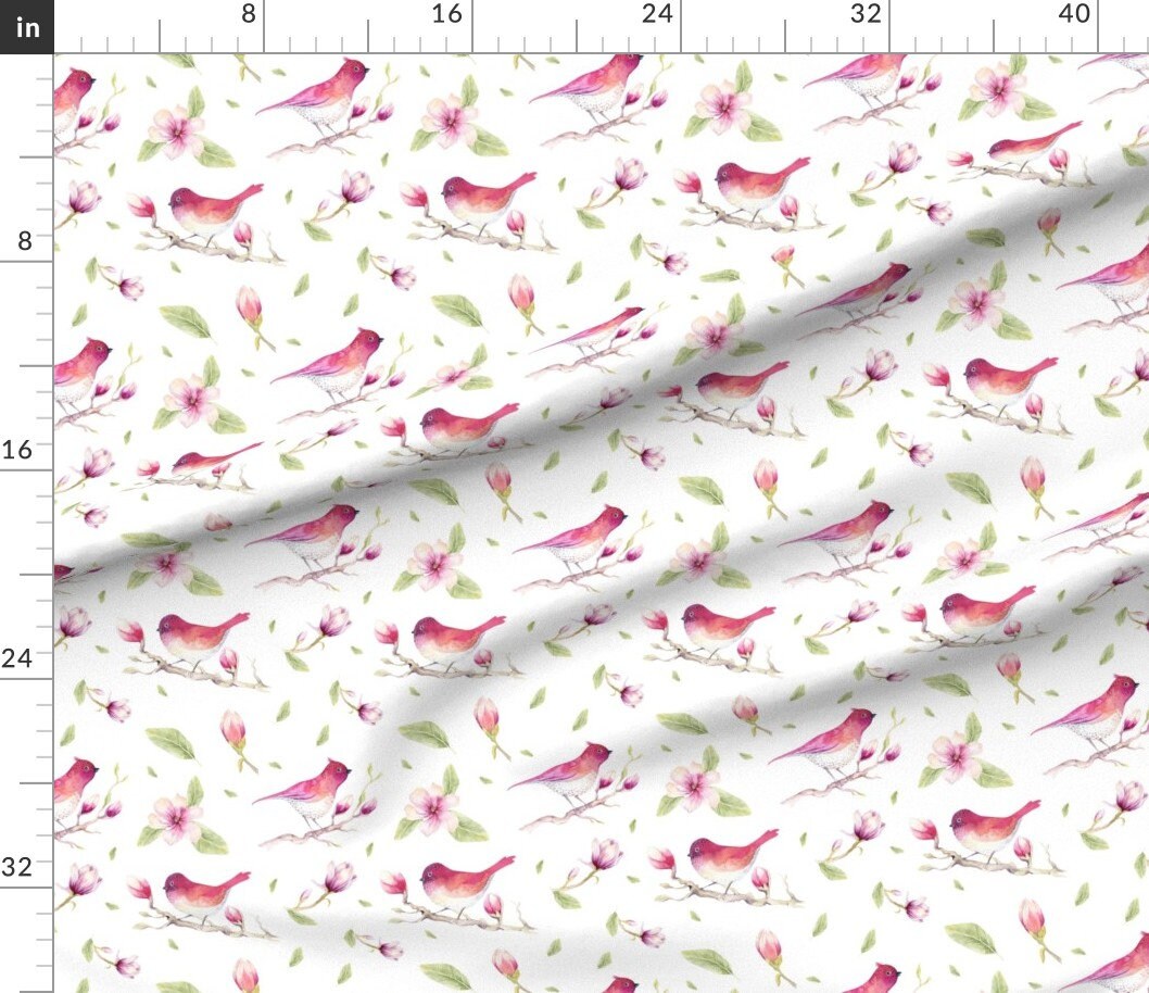 Watercolor Birds and Flowers Fabric Magnolia Bird by Etsy