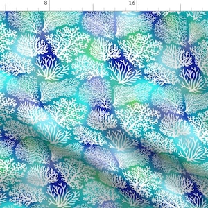 Sea Botanical Fabric - Coral Field By Mirabelleprint - Beachy Blue Green Purple Coral Reef Ocean Cotton Fabric By The Yard With Spoonflower