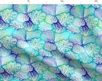 Sea Botanical Fabric - Coral Field By Mirabelleprint - Beachy Blue Green Purple Coral Reef Ocean Cotton Fabric By The Yard With Spoonflower