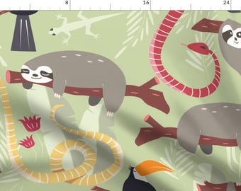 Jungle Animal Fabric - Sloths In The Forest By Bluelela - Rainforest Animals Sloth Snake Toucan Cotton Fabric By The Yard With Spoonflower
