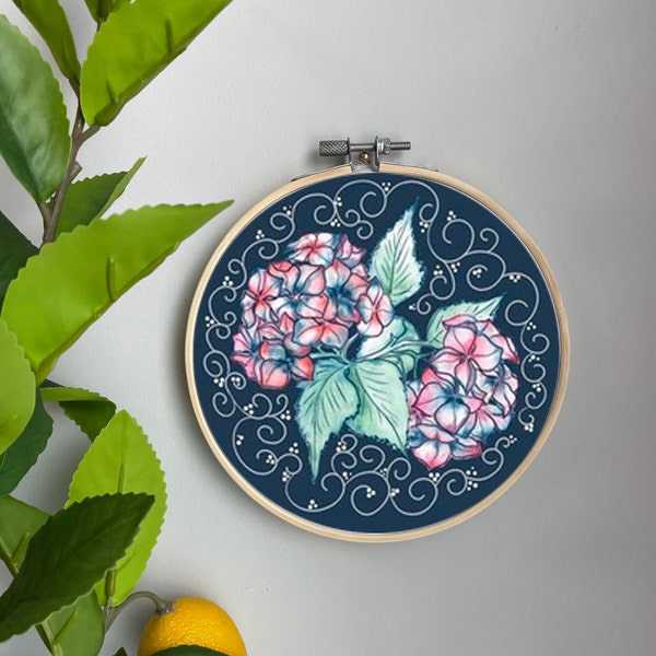 Floral Embroidery Template on Cotton - Hortensie By Design Con Karin - Flower Embroidery Pattern for 6" Hoop Custom Printed by Spoonflower