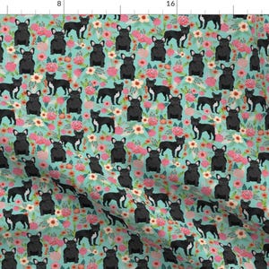 Frenchie Fabric - French Bulldog Floral Summer Flower Aqua Fabric Black Frenchie By Petfriendly - Cotton Fabric By The Yard With Spoonflower