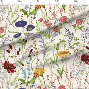 May include: A fabric featuring a botanical print on a cream background with illustrations of red poppies, yellow daisies, purple cornflowers, pink clover, and various green grasses and stems, shown with a ruler measuring up to 48 inches.