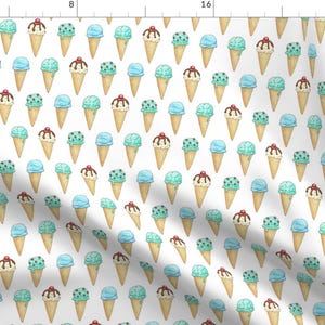 Ice Cream Fabric - Mint Ice Cream Cone - By Hazel Fisher Creations- Ice Cream Mint Summer Novelty Cotton Fabric By The Yard With Spoonflower