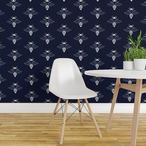 Bees Wallpaper - Bees - Navy - Linen By Scarlette Soleil - Bees Blue Custom Printed Removable Self Adhesive Wallpaper Roll by Spoonflower