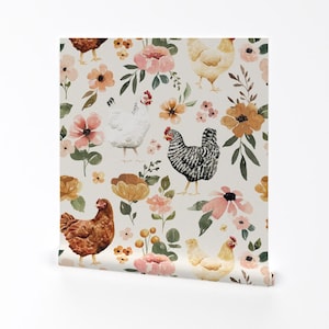 Farmhouse Removable Peel and Stick Wallpaper - Painted Hens Chickens - Wall Art Wall Decor - Watercolor Chicken Floral by cateandrainn