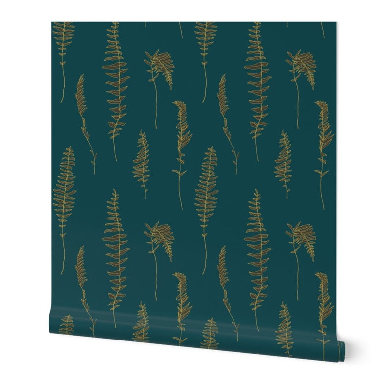 Fern Wallpaper Gold-green Fern on Emerald by Juliaschumacher | Etsy