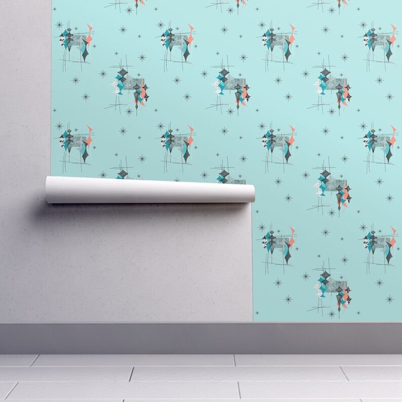 Atomic Wallpaper Diamond Aqua Salmon Turquoise By Tonyanewton Mcm Custom Printed Removable Self Adhesive Wallpaper Roll by Spoonflower