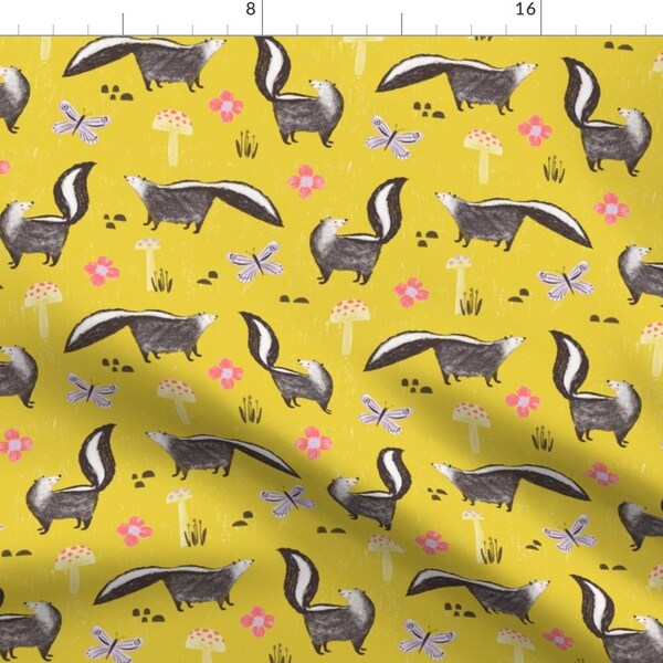 Skunks Fabric - Smell The Flowers By Allierunnion - Skunks Mushrooms Flowers Butterflies Mustard Cotton Fabric By The Yard With Spoonflower