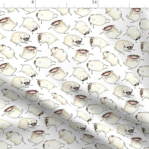 Pug White Puppy Dogs Fabric - Pug Interpretive Dance Dogs White Pug Puppy By Inkpug - Pug Cotton Fabric By The Yard With Spoonflower